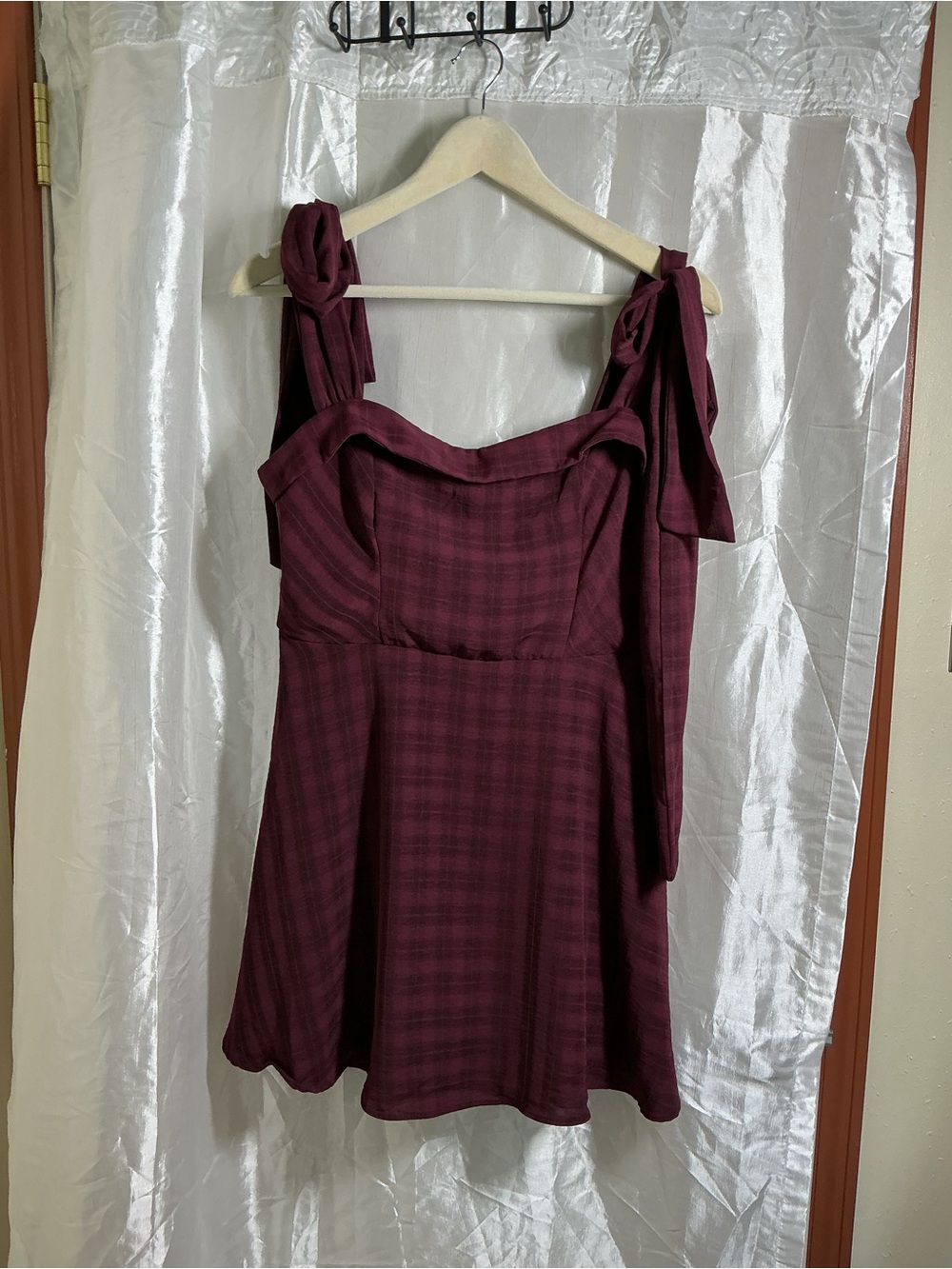 Francesca's Collections Burgundy Plaid Tie-Shoulder Fit & Flare Mini Dress